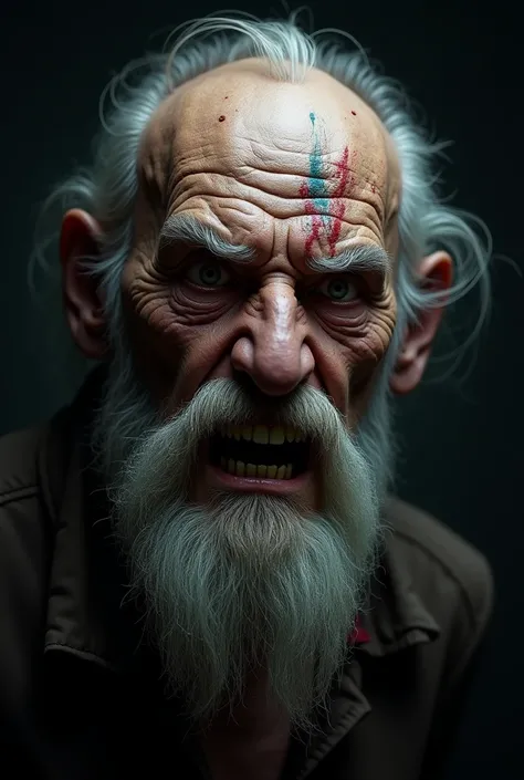 Create a mask for an old man with long beards and ugly teeth, wrinkles and a tiger scratch on his face.