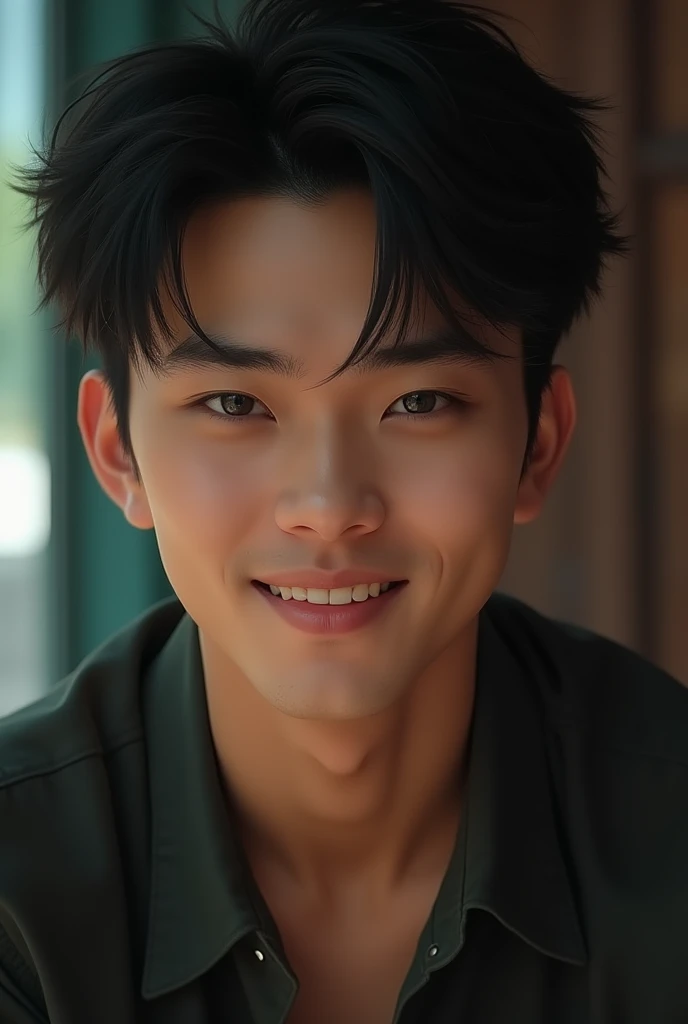 Asian He has short, pointed black hair and penetrating green eyes . . His tall, slender physique is complemented by his charming smile and carefree style.