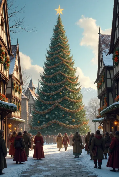 Create an image of a Christmas tree in a town with several people outside in the 16th century