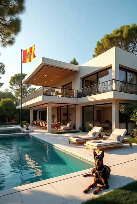  A house with the flag of Catalonia and the flag of the Barcelona football club, a pool, a large patio , Glassware, A PADDLE TENNIS COURT, and a Doberman dog  