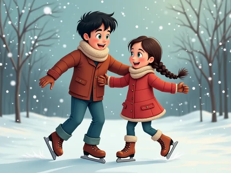 Make a guy , with a girl skating .  the guy is black-haired and blue-eyed .  He has straight hair with his bangs laid back .  Girl with long dark ones with brown hair styled in a long thin braid and green-blue eyes.  They are both dressed in warm New Years...