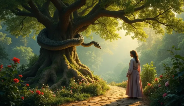  A lush paradisiacal garden ,  with an ancient tree of knowledge in the center,  a mysterious serpent wrapped in its branches ,  talking to a curious woman ,  golden light filtered through the leaves , Renaissance realism style "