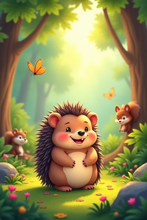 Make me a happy  hedgehog in the forest animated for preescool 