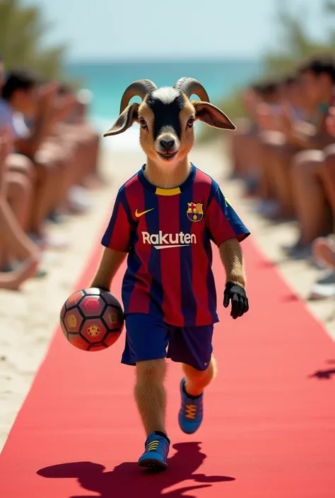 A very cute and very furry little brown and black goat with black spots walking confidently and boldly with a calm expression on a red carpet catwalk fashion show wearing Barcelona football kit, holding a football in his left hand, with a human audience si...