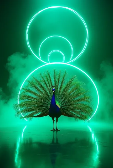 A regal peacock spreading its iridescent feathers on a sleek futuristic stage, illuminated by vibrant green lighting that creates a dramatic and mystical effect. The peacock’s eyes are adorned with tiny, glowing jewels that catch the ambient light. Behind ...