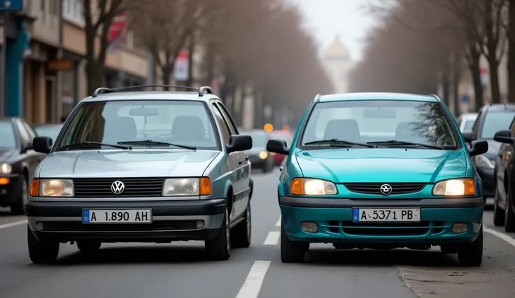  light gray VW Passat 1988 sedan with registration number A 1090 AH and turquoise Opel Corsa 2002 with registration number A 5371 PB, side by side on tumna street ,  looking at the camera with the headlights on .