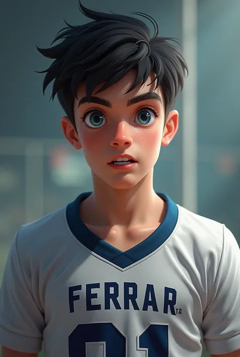 create an image of a white boy, dark hair, blue eyes, slightly strong, Wearing a Jersey with the number 01 written on it Ferrara at the age of 15