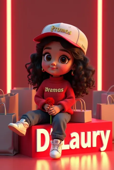 Uma renderização 3D de uma personagem latina estilo chibi chamada DLaury ela está Sorrindo e cheia de compras as seu redor 🛍️.  She is wearing a cozy red sweater with gold letters that read "Link do grupo na Bio 🛍️",  a hat with the name  "DLaury" embroide...