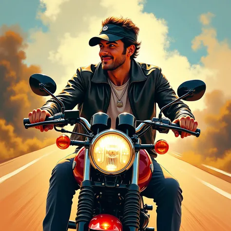 A stunning detailed image with the theme of visual identity, a logo, young man, handsome face, smile, biker, cb400, cap, highway, impressionistic, ink, digital, chiaroscuro, caricature, epic, vibrant, print, dust, graffiti, balanced