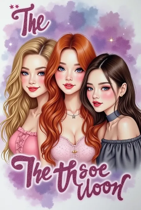  An artistic Korean drawing of 3 female pop artists, the first , has wavy long strawberry blond hair, and fairy-like makeup, the second is on the left side she is a female pop artist with styled and dyed blond hair, makeup, smiling,she has a small rose tat...