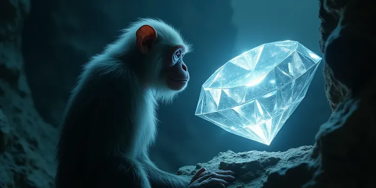 Monkey Man looks at a bright huge diamond in a dark room 