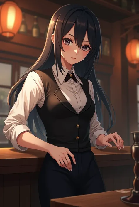  Draw me a 26 , 163 cm tall ,  long straight dark hair ,  small dark eyes ,  bartender from the tavern of the Kingdom of Pinewood