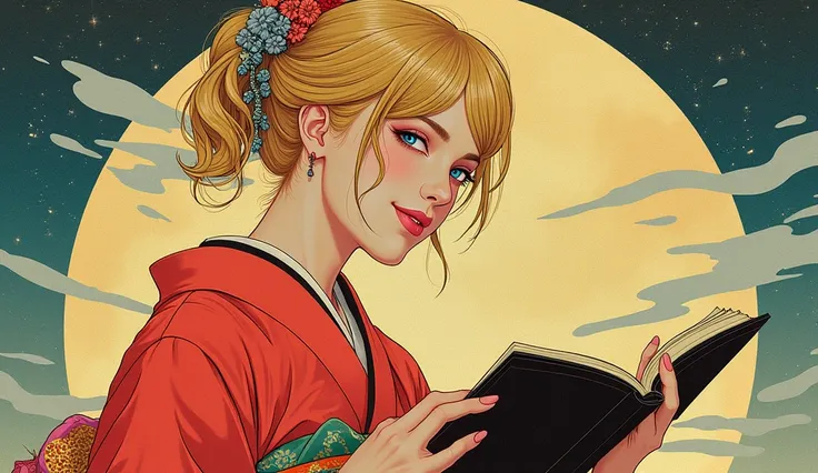  Ukiyo-e illustration set in cyberpunk。 wear a bright kimono 、Blonde woman plays the shamisen 。The womans expression is smiling 、 her eyes are slightly blue 、 The background creates a sparkling atmosphere 。 creates a metropolis atmosphere 。 The overall com...