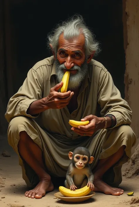 A poor man with poor clothes eating banana with monkey and us Eating 