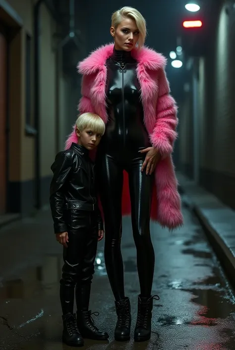 photorealistic image of slim, very short hair blond woman. she is wearing full body skin tight latex bodysuit and long stiletto boots with laces. she has a short, pink furry open coat on. she has a toned, athletic body and an evil smile. she is with a youn...