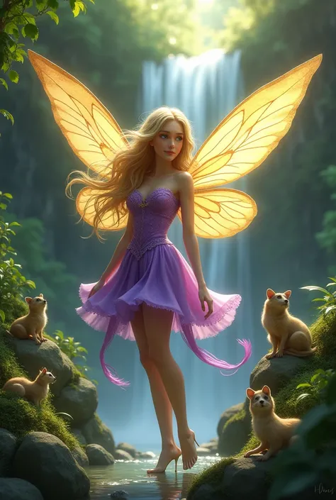 Create a realistic fairy with blond hair ,  yellowish eyes , , a bright purple dress with large, golden wings in the middle of a forest with a waterfall surrounded by animals