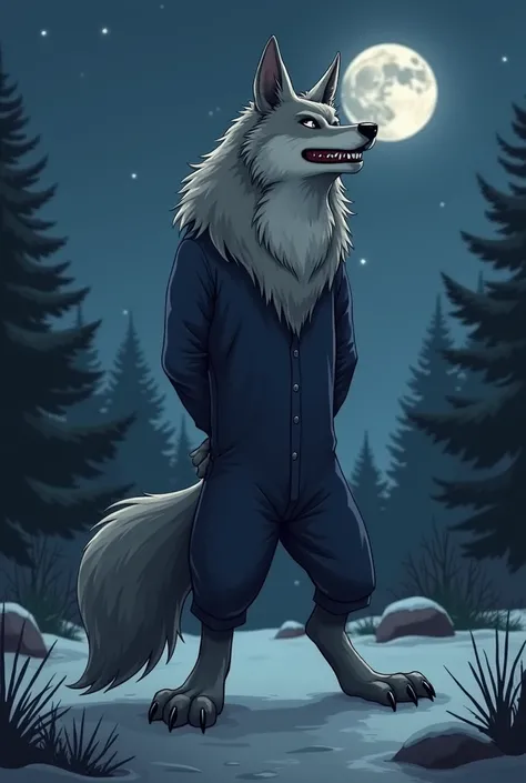 Tall gray wolf standing on its hind legs, human-like body, long tail, dark-blue overalls, sharp claws on legs, smiling, sharp teeth, arms behind the back, open landscape, conifer trees, night time, moon shining,