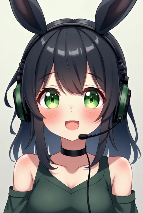 Adorable anime gamer girl with green headset, black hair with black bunny ears and green eyes