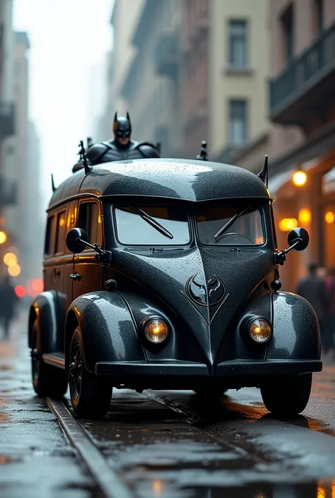   Food Truck is an old Volkswagen microbus modified in the shape of a Batman car as if Batmans son opened a dining car  