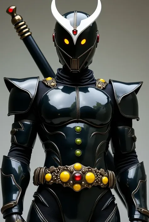 Mcgaren Vilão tokusatsu/  black metal helmet  /  with white upper parts / Black visors /  red gem on forehead /  glowing yellow eyes inside the visor /  full black metal armor  /  small square shoulder pads / vertical green yellow buttons in the middle of ...