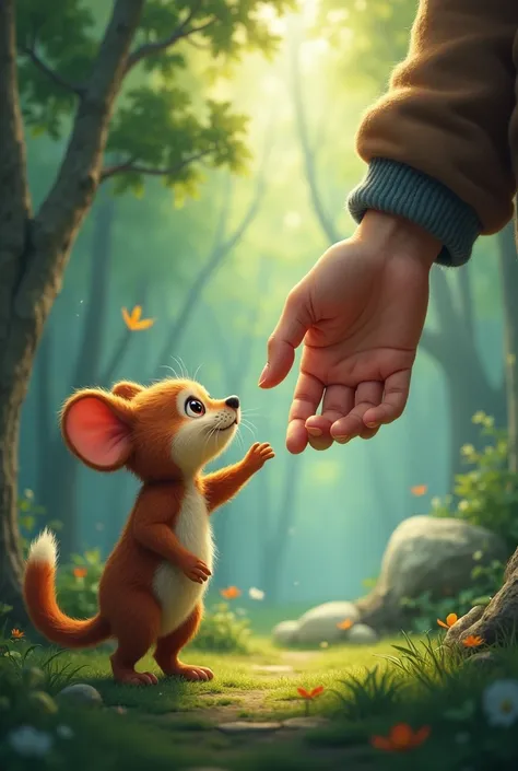 a close up of a person reaching out to a small animal, a storybook illustration inspired by Cyril Rolando, cgsociety contest winner, fantasy art, adorable digital painting, rob rey, cyril rolando and goro fujita, fantasy matte painting，cute, cute detailed ...