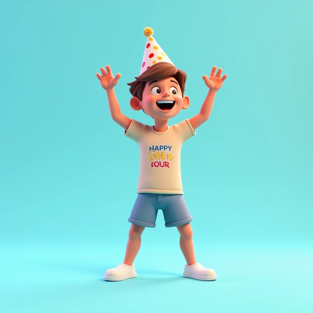 2D profile with light blue background of a jumpsuit standing happily with one hand up wearing a new year hat new year t-shirt with shorts 