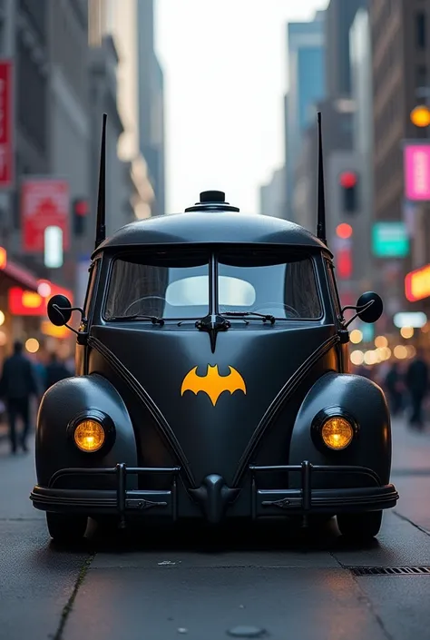   The Volkswagen Microbus Food Truck is modified in the shape of a Batman car as if Batmans son opened a dining car  