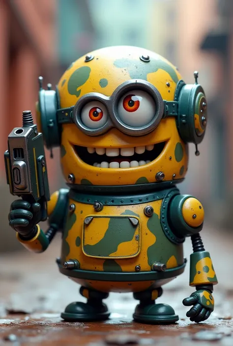 Create a 3D robot character that is similar in appearance to a Minion, but with a unique design and a playful, angular look.
The robot should have expressive, large, scary eyes and a wide, cheeky smile. It should have a metallic surface in an eye-catching ...