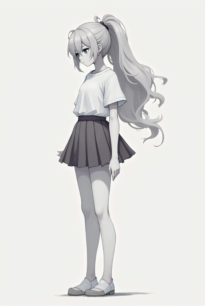  With long hair tied to a ponytail,Pixels with a skirt and t-shirt inside