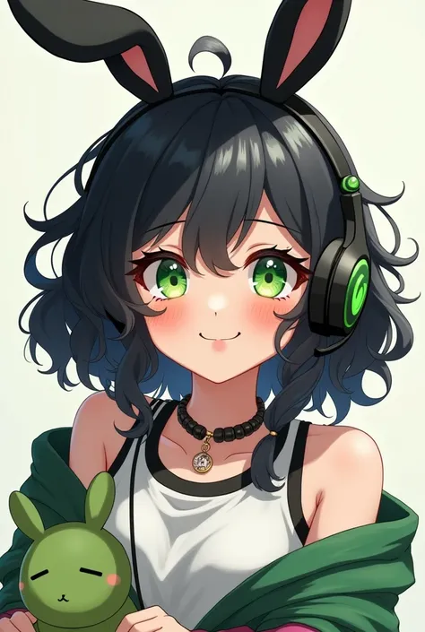 Cute adult anime gamer girl with green headset, black hair with black bunny ears and green eyes, curly hair. With little green bunny companion 