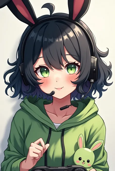 Cute adult anime gamer girl with green headset, black hair with black bunny ears and green eyes, curly hair. With little green bunny companion 