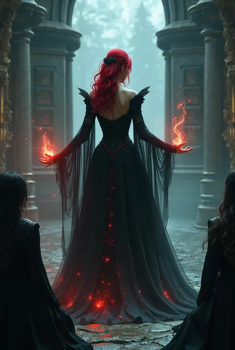  Create a sorceress wearing a black dress with red  ( gala dress )  with red or black hair ,  with a red eye controlling the elements of nature inside a dark castle and people kneeling in front of her