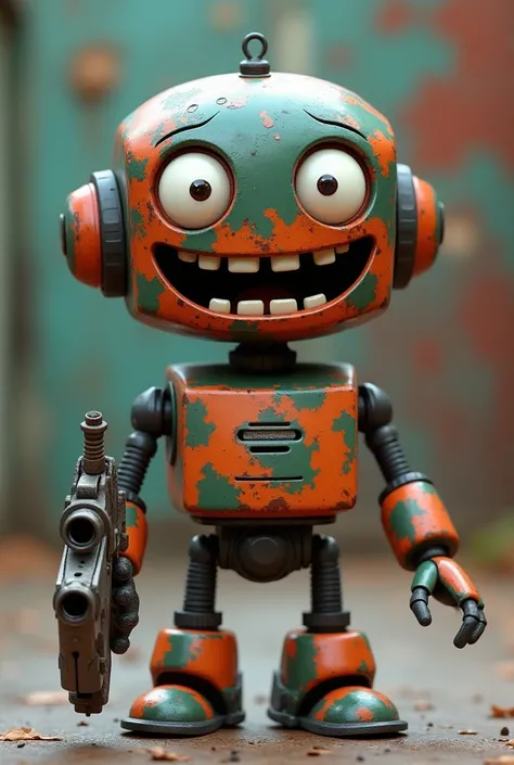 Create a playful 3D robot character.
The robot should have expressive, large, scary eyes and a wide, cheeky smile. It should have a metallic surface with an eye-catching camouflage color.

The character should be about twice as tall as the head and have sh...