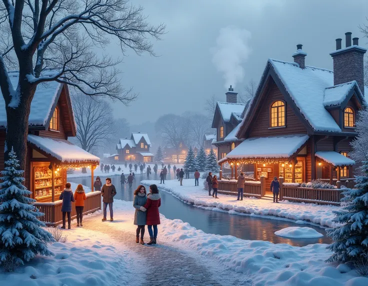 "A snowy village scene blanketed in a soft layer of fresh snow, with glowing lanterns casting a warm light onto the cobblestone streets. Couples bundled in stylish winter coats hold hands as they explore the market stalls selling hot cocoa, mulled wine, an...