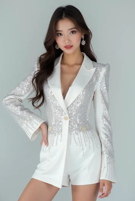  An outfit of a female kpop idol ,  That it is full-bodied ,  that is a costume type with a lot of rhinestones , It must shine a lot  ,  it must have shiny stones ,  that the predominant color is white and that it is not silver , que tenga mucha pedrería y...