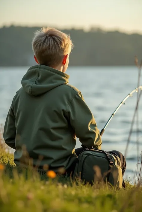  Blond boy who is from behind who is fishing he is wearing a khaki green hoodie, He is fishing in a while ,  he is sitting on the grass ,  we see the fishing rod , il fait beau, il y a du soleil,  there is a bag next to him that is khaki green also 