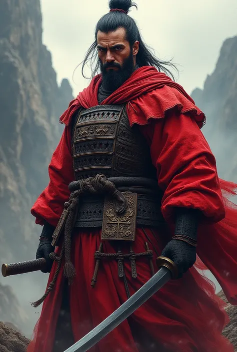 I want an illustration of a samurai in red garments