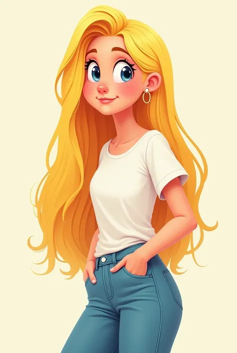 Long haired blonde cartoon woman ,  few freckles on her face in pants and t-shirt 