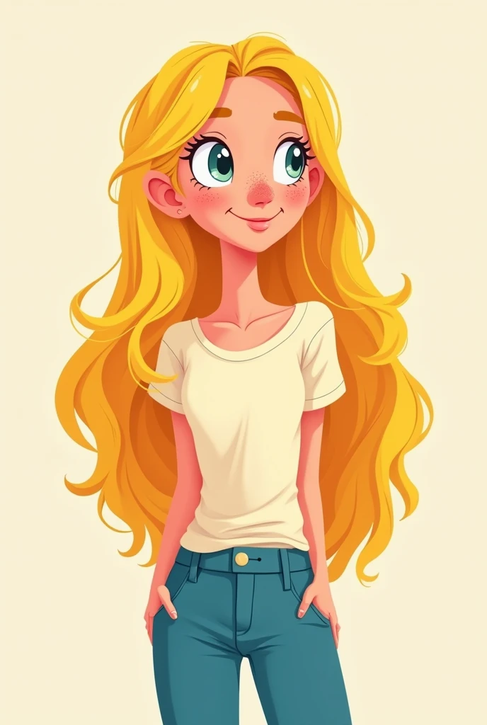 Long haired blonde cartoon woman ,  few freckles on her face in pants and t-shirt 