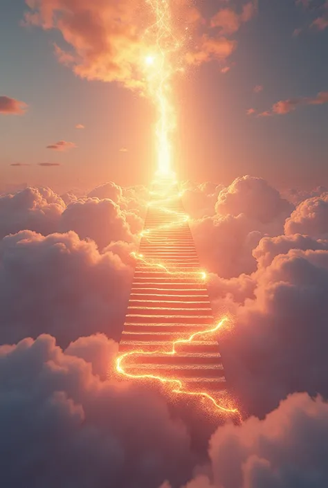 Make a heavenly sky with clouds below it and a staircase leading in the air but stopping midway burning
