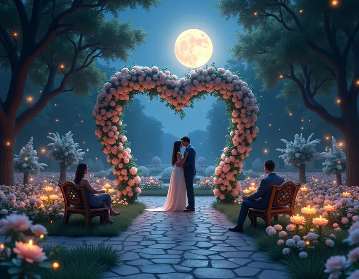 "A secluded garden illuminated by a full moon, with soft white and pink flowers glowing in the moonlight. A winding stone pathway leads to a heart-shaped arbor covered in roses and fairy lights. Small fountains with crystal-clear water add a soothing sound...