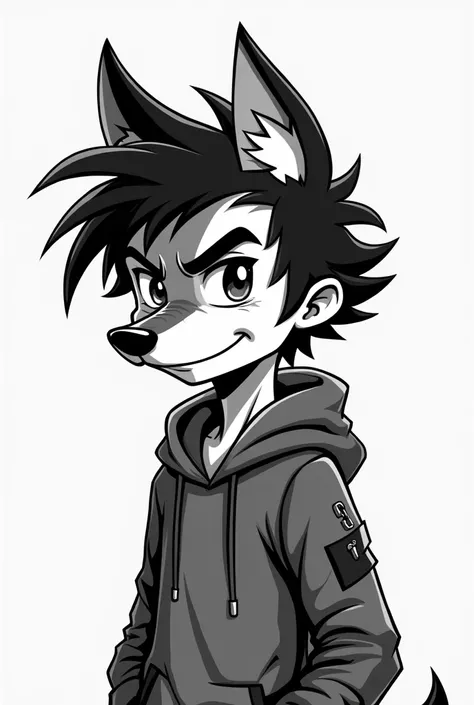 Fake a cool young boy with the features of a wolf in black and white cartoon style a 