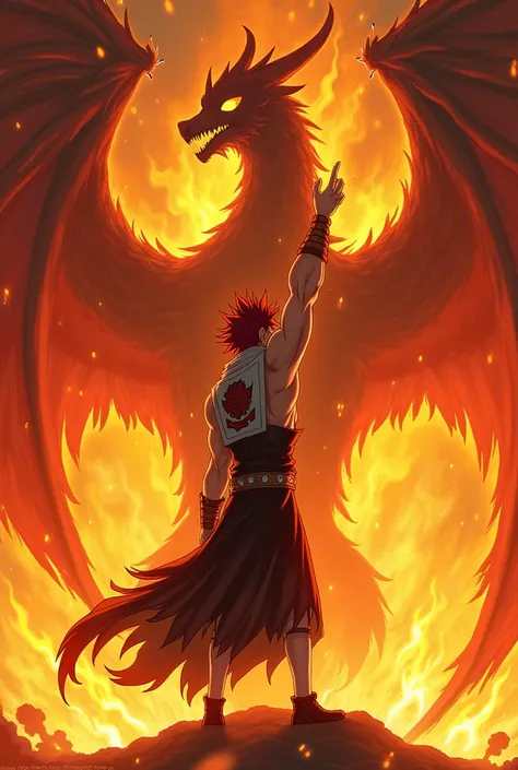 Natsu Dragneel making the pose of Fairy Tail with the hand high. A background made with fire in which we can see Igneel.