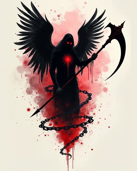 create a tattoo mixing the trash polka style with watercolor, mixing the color black with the red of the angel of death or azrael (as an icon or silhouette), in which he is holding his sickle and which has the shape of infinity and fills the background wit...