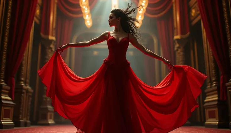 gothic dancer, red dress, red lips ,cabaret, in the theater, extreme details, photorealistic, cinematic, masterpiece