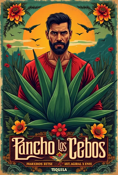  Creates an image for a tequila label that contains an agabe plant, A man with his package and named Rancho Los Ceibos 