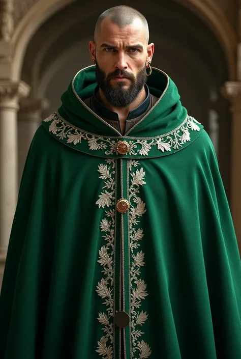 Create a masculine medieval nobility look .  Emerald green cape with white embroidery .  Shaved 37-year-old model with earrings in chubby ears 