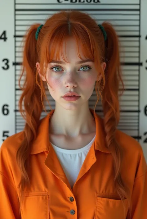 Make a realistic picture of a pale redhair girl with pigtails in her early 20’s standing against a prison mugshots board in a orange jumpsuit with white sign  that says C-Block on it