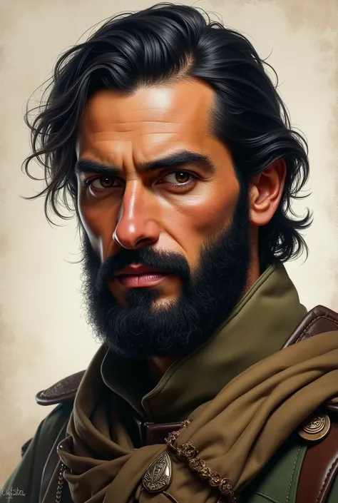 Khalid ibn al-Walid has sharp features, black beard hair and fair skin and has traces of smallpox