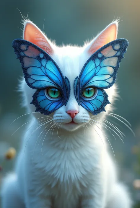 A white cat with a blue butterfly mask 